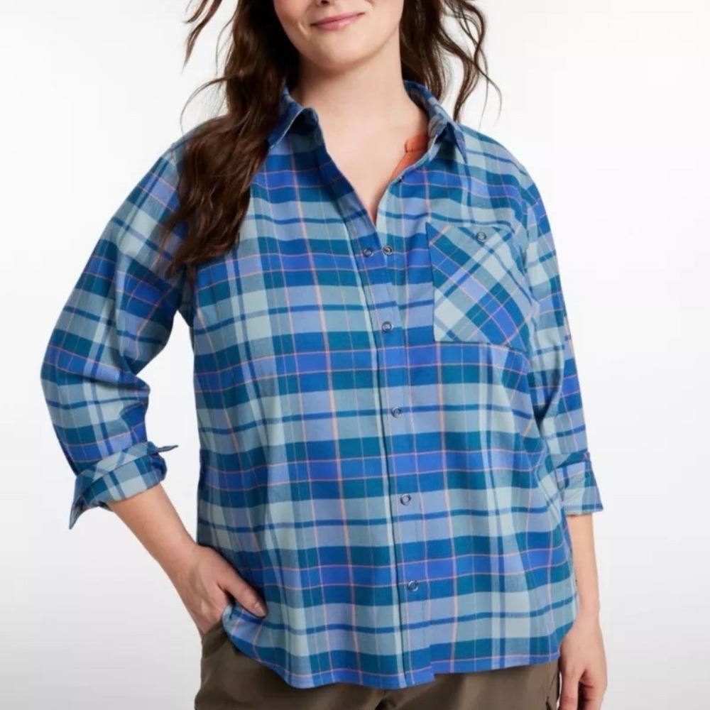 LL Bean Blue Plaid Mountainside Brushed Performance Snap Front Pocket Shirt 1X